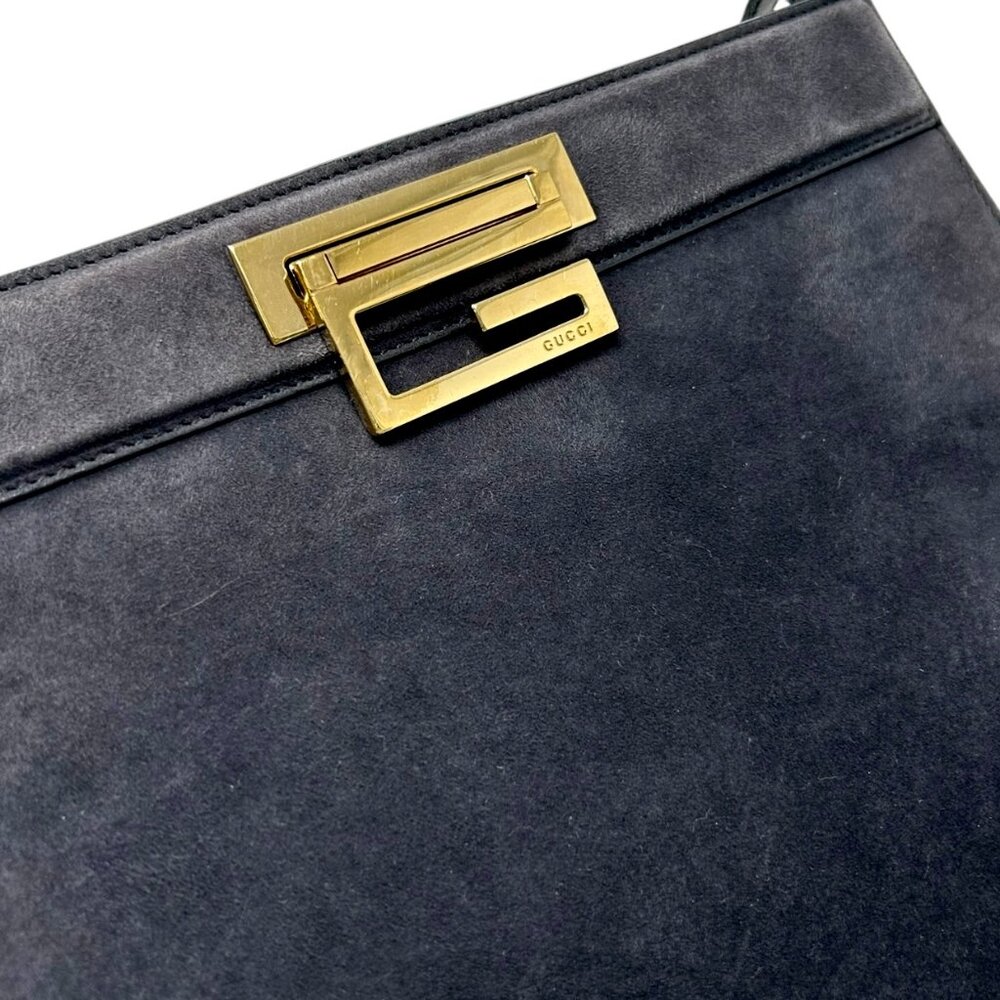GUCCI Vintage G Square Logo Shoulder Bag Handbag Black Gold Suede [105633] - Picture 11 of 13